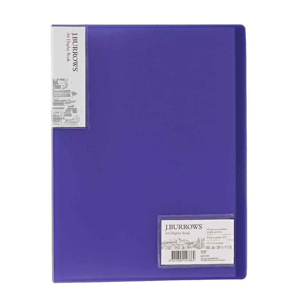 J.Burrows Display Book A4 20 Pocket Fixed Purple